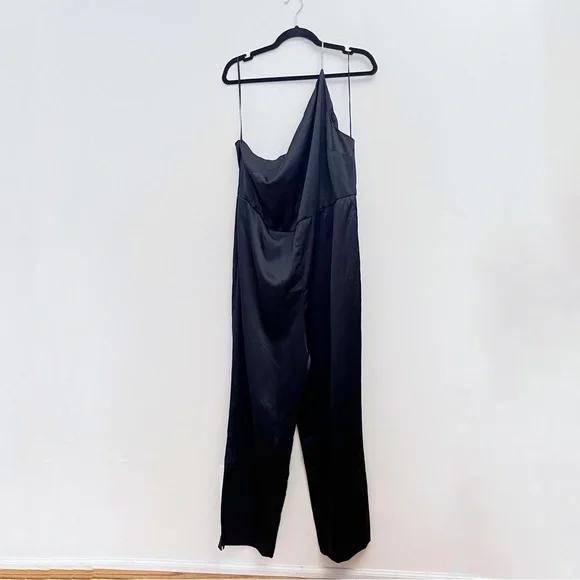 H&M Black Satin Asymmetrical One Shoulder Rhinestone Jeweled Strap Jumpsuit NWT - Picture 4 of 14